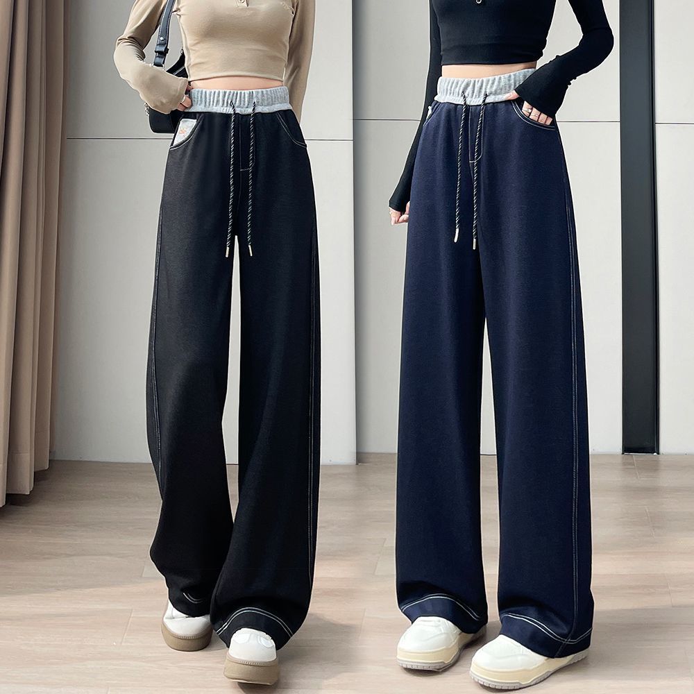 秋季阔腿裤高腰女牛仔裤加绒直筒显瘦宽松大码裤子弹力休闲裤外穿