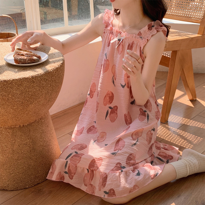 2024 verano pijama de manga corta de cabina de flores dulces espuma tejida tela arrugada pijama vestido de ropa de casa