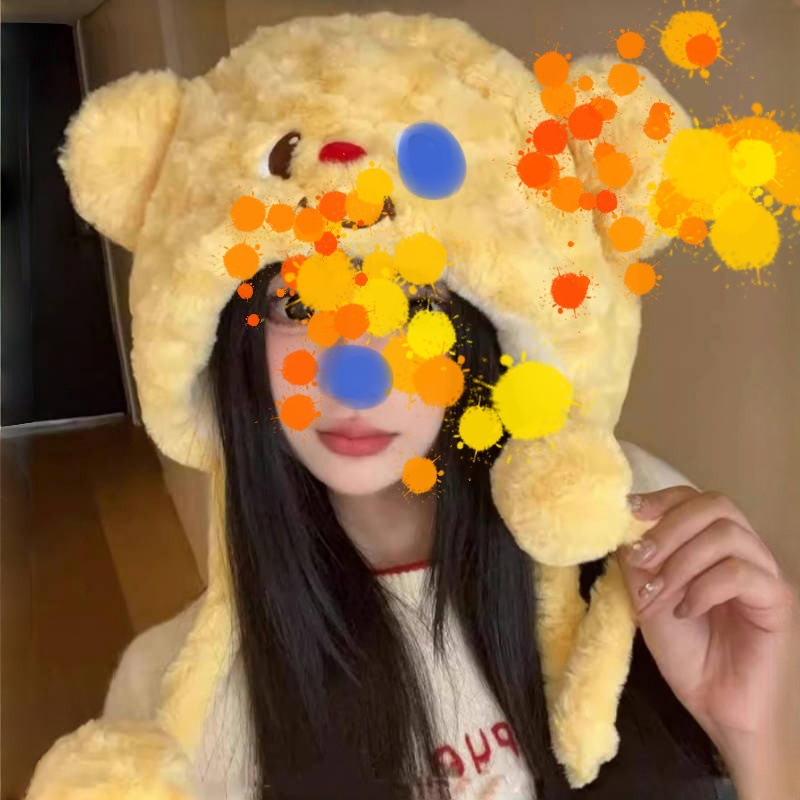 Kreskówka Słodki Miś Masło Pluszowy Wełniany Rękaw Dzianinowy Zintegrowany Ciepły Zimnoodporny Gruby Jesień i Zima Lei Feng Czapka_voghion.com