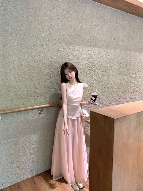 实拍   优雅少女粉色大裙摆气质连衣裙|undefined