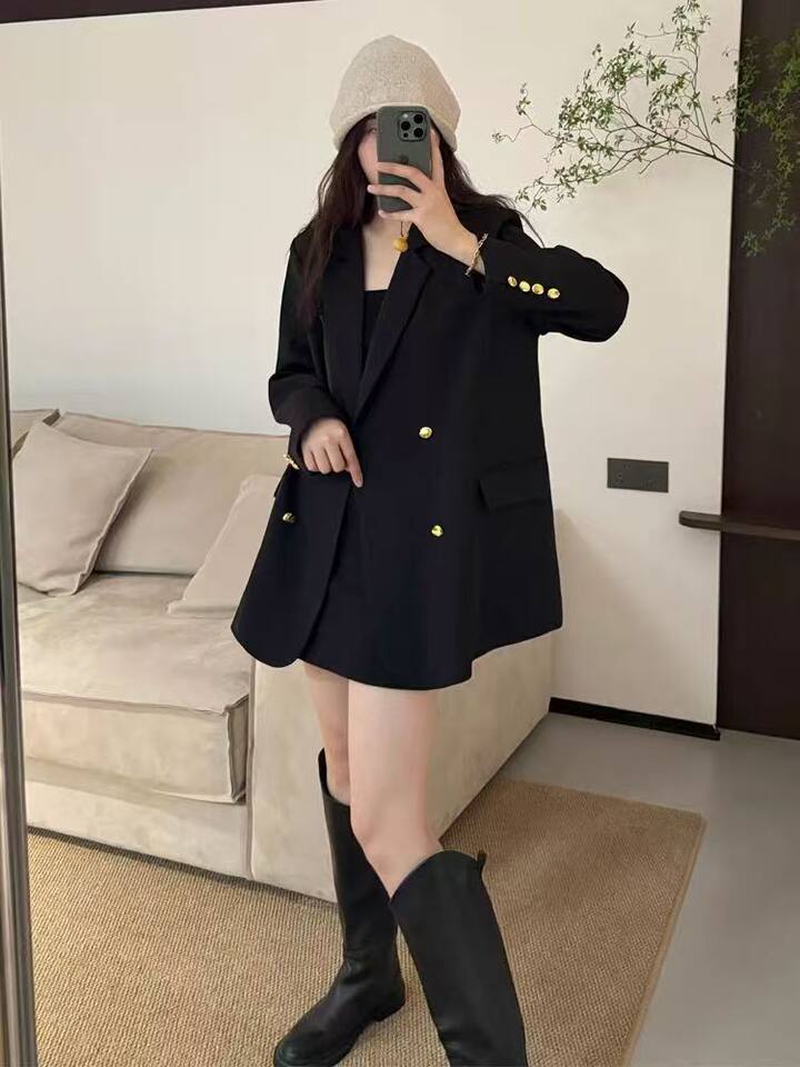 Áo vest nữ màu đen dáng rộng cổ vest một hàng cúc tay dài — màu đen chi tiết 7