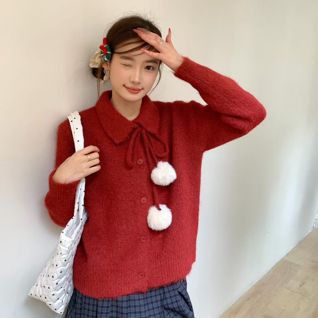 毛球针织开衫女圣诞新年翻领毛衣女装上衣可爱毛衣2025冬新款跨境