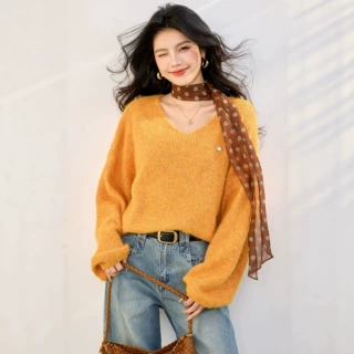 实拍 韩版宽松慵懒风v领套头毛衣女2026秋冬新款软糯针织衫上衣潮