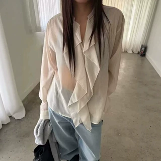 清仓不退H韩系气质温柔v领显瘦上衣东大门夏季新款荷叶边长袖衬衫