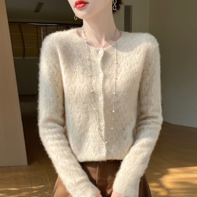 100 Wool Cardigan Women's 24 Autumn and Winter Round Neck Hollow Knit Top Loose Western-style Jacquard Sweater Women's Coat