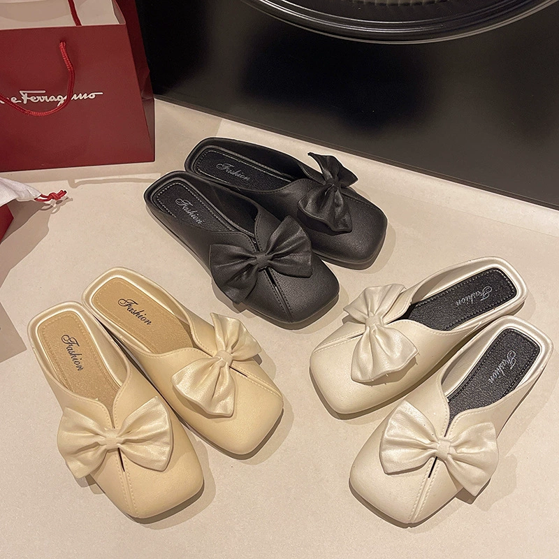 Модные банты с бантиком и головкой половинной тапочкой женские наружные носки 2025 новая корейская версия дикая плоская плоская подошва холодные тапочки