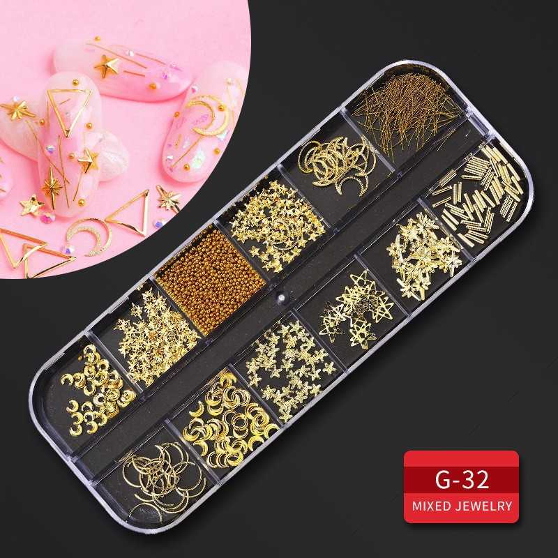 Juego completo transfronterizo de 12 compartimientos de remaches de metal, diamantes de imitación, Xingyue, piezas de concha de diamantes, accesorios para uñas, adornos para uñas