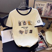 杏色百搭宽松设计感小狗刺绣短袖t恤女夏季韩版小众休闲拼接上衣