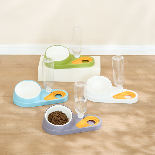 Pet Dual Bowl Ceramic Dog Bowl Cat Bowl Neck Support Anti-Toppling Automatic Drinking Pet Feeding Supplies Dog Plate Cat Plate Feeding Plate