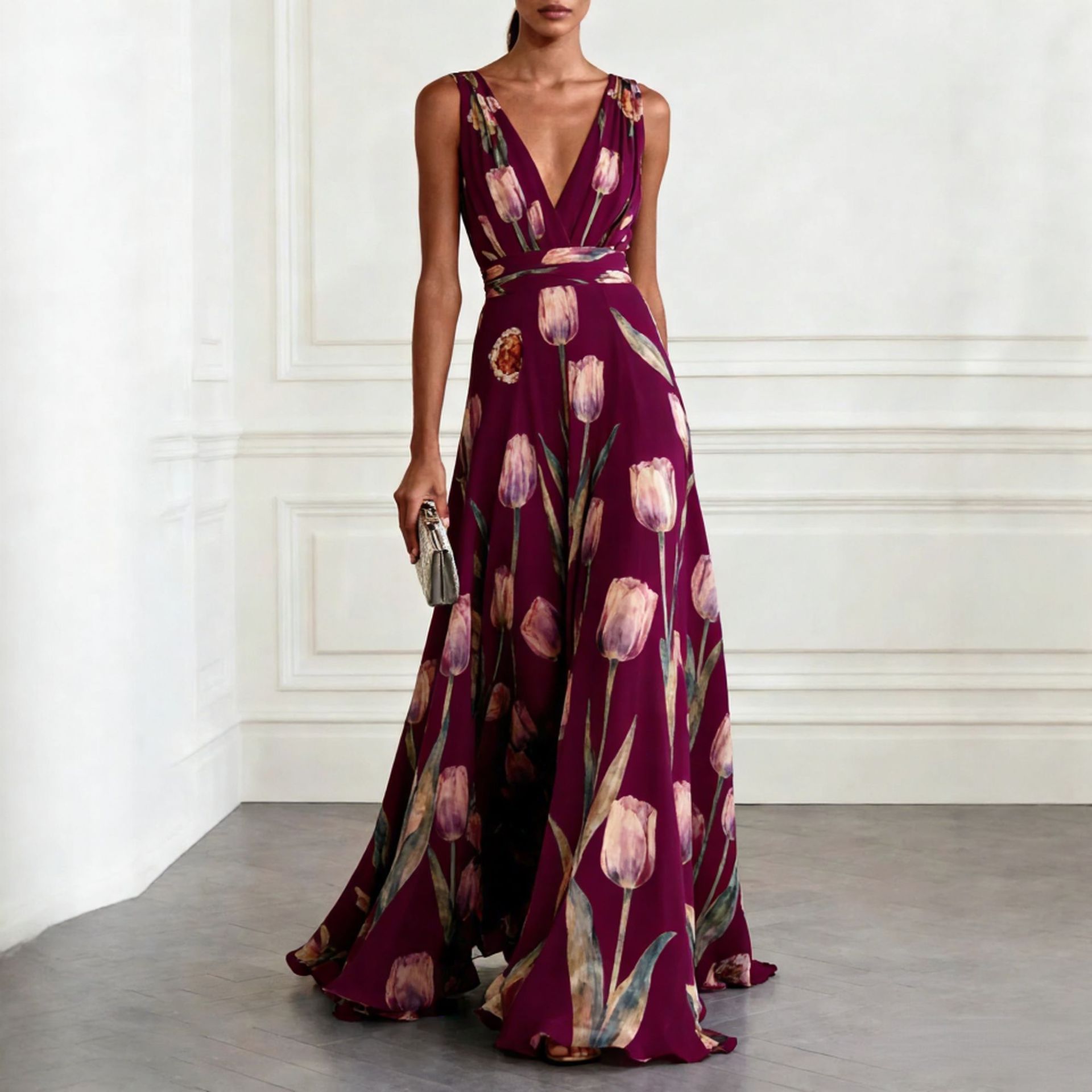 Tulip Printed Evening Dress Women's Sleeveless V-Neck Chiffon Dress_ecoleips.com