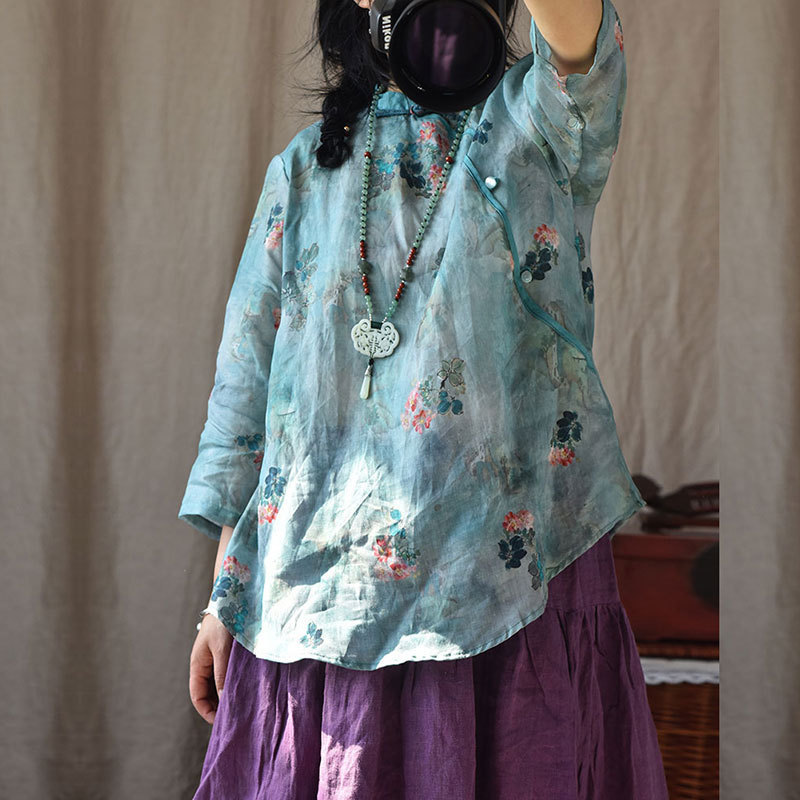 Rosemary/Original Digital Printed Ramie Chinese Button Blouse National Style Vintage Zen Tea Top