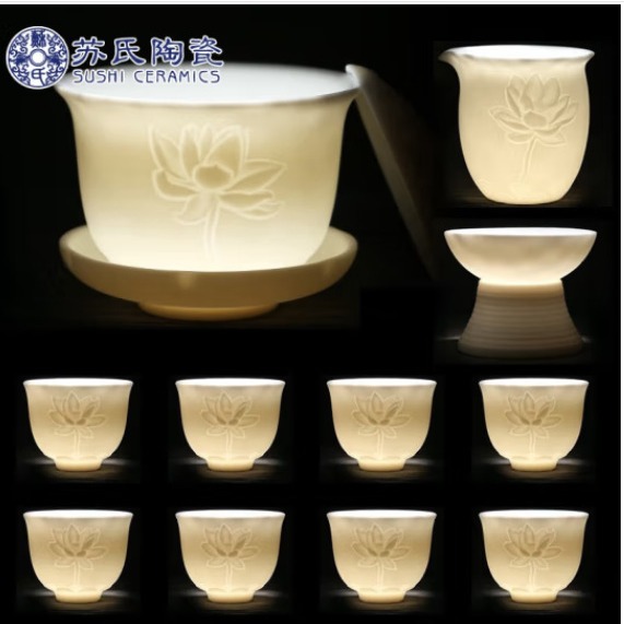 Juego de té de jade gordo de oveja de cerámica de su juego de té Lotus Kung Fu juego de té taza mate blanco tres Cai cubierta tazón juego de té traje de regalo