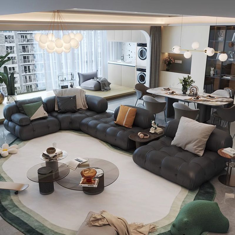 French Retro Genuine Leather Combination Straight-Row Light Luxury Nappa Leather Vintage-Style Black Italian Minimalist Modular Sofa