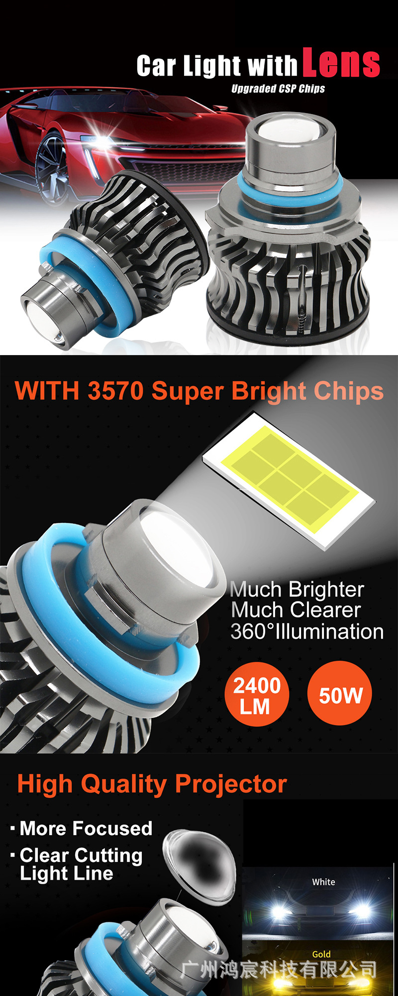 Cross-border laser direct insertion integrated LED car headlight golden light lime three-color flash H119005 front fog lamp