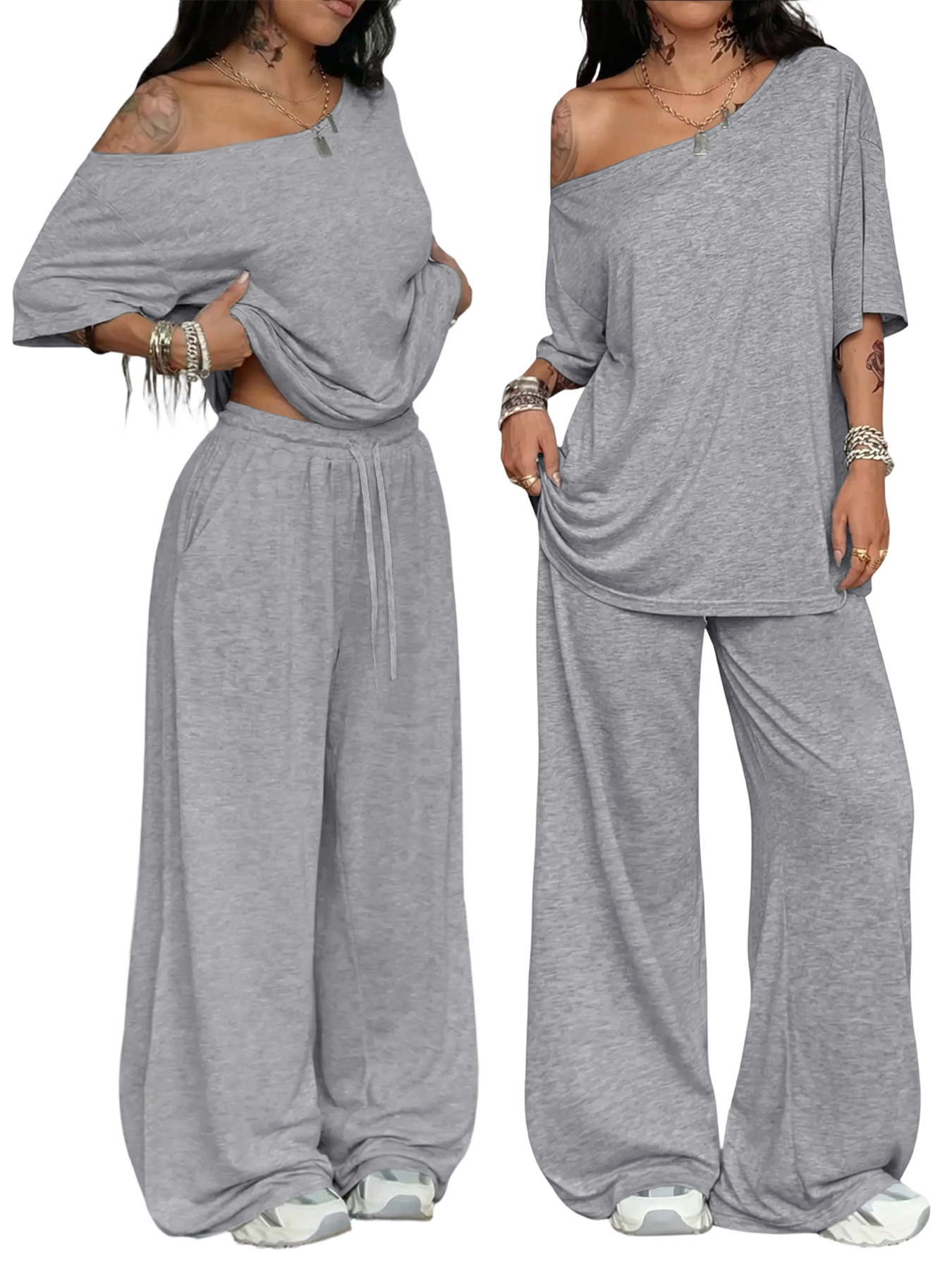 Women's Pant Sets Solid Color Casual Loose Wide Leg Two Piece Suit_voghion.com