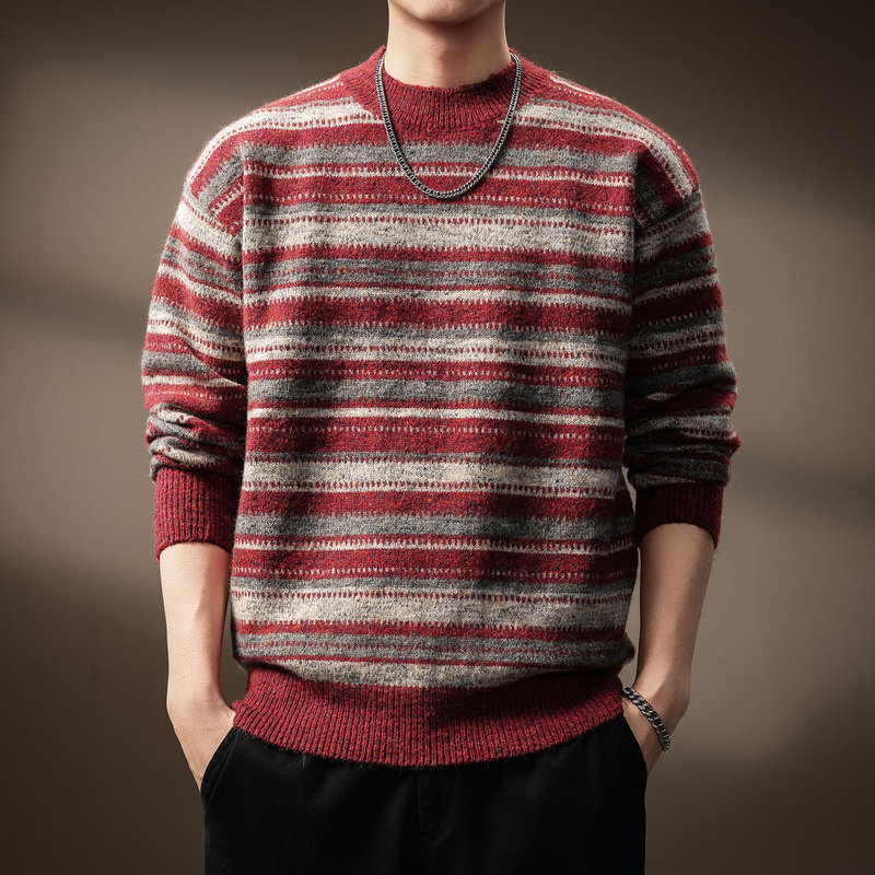 High-End American Retro Fair Isle Ethnic Style Men's Knitwear Autumn and Winter New Round Neck Lazy Style Loose Knitwear