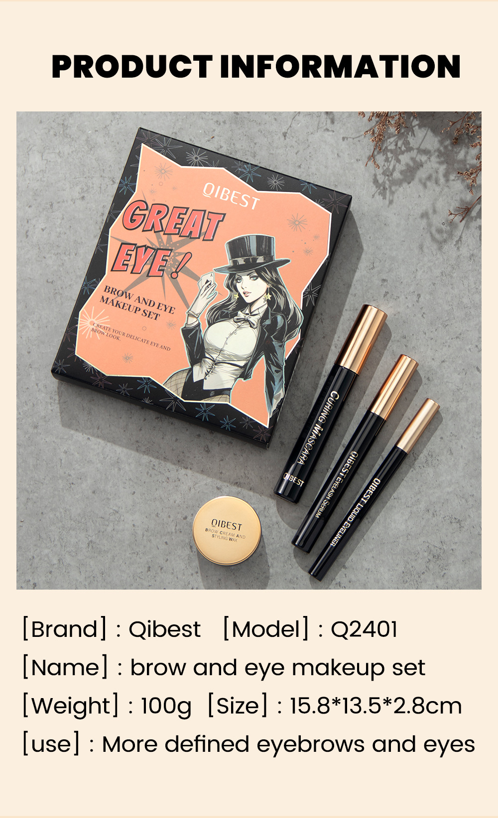 QIBEST Eyebrow and Eye Makeup Set is waterproof, sweat-proof, and does not easily smudge. It offers long-lasting, natural, and three-dimensional eye makeup undefined