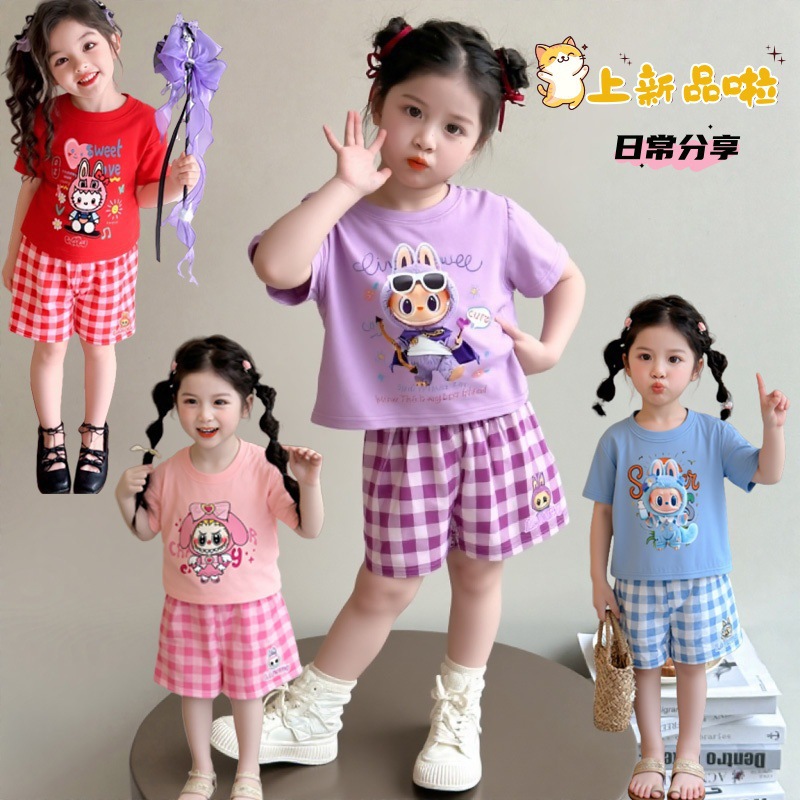 Short-Sleeved Shorts T-Shirt Summer Suit 2025 New Loose Korean Cartoon Kidsren's Clothing Sweet Two-Piece Trendy Set