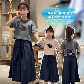 女童套装2026新款夏季儿童韩版短袖卡通印花T恤女孩洋气阔腿裤子