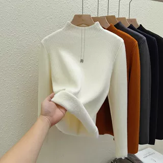 洪合针织工厂半高领加绒加厚针织打底衫女白色修身长袖内搭毛衣