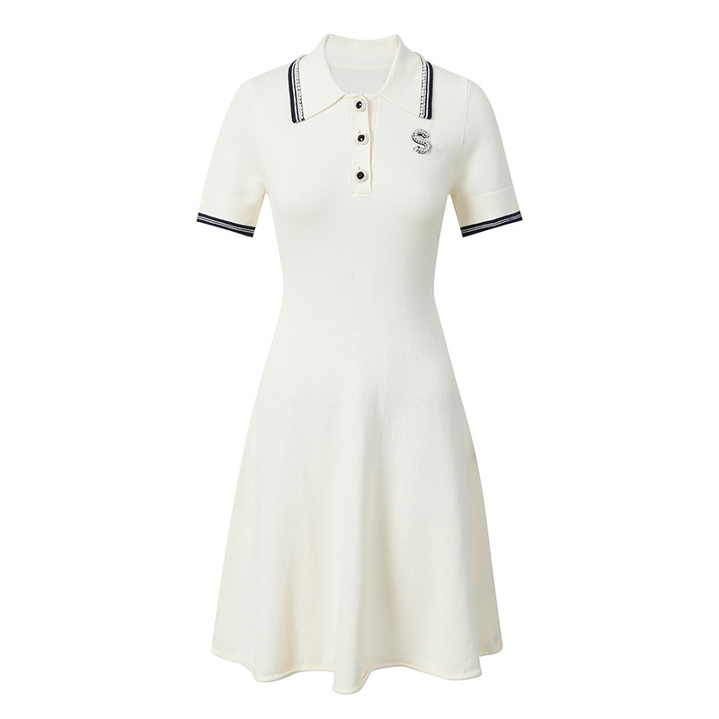 Sp Home 2026 Summer New Polo Collar Elegant Fashion Sequin Embellished Slim Fit A-Line Knitted Dress for Women