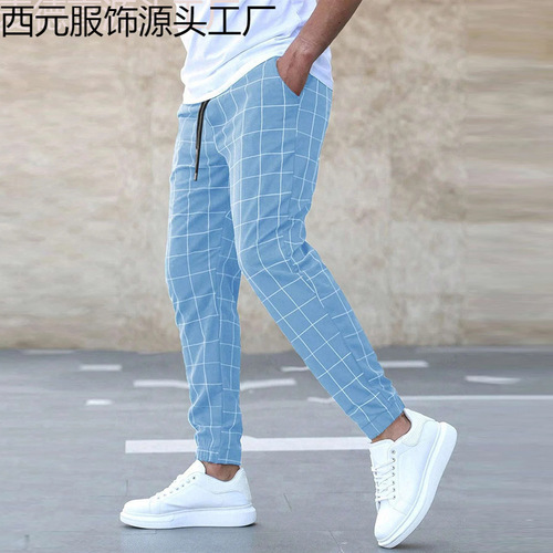New European and American Streetwear Plaid Casual Trousers Fashionable Ripped Pants with Drawstring Wholesale