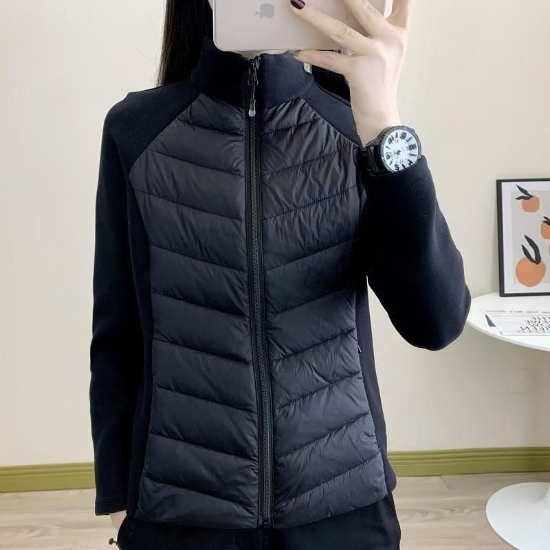 2025 ropa deportiva de algodón de empalme de invierno de collar nuevo estilo a prueba de viento, delgado y caliente, abrigo al aire libre ligero, costillas de mujer