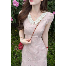 娃娃领镂空蝴蝶结收腰显瘦旗袍2025夏甜美风连衣裙