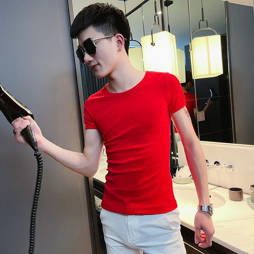 Summer men's t-shirt base shirt short sleeve slim fit half sleeve tight personalized fast fashion trendy round neck plain color versatile Instagram