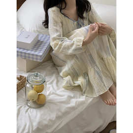 跨境专供INS韩系彩色条纹撞色边方领双层棉纱家居服睡裙连衣裙女
