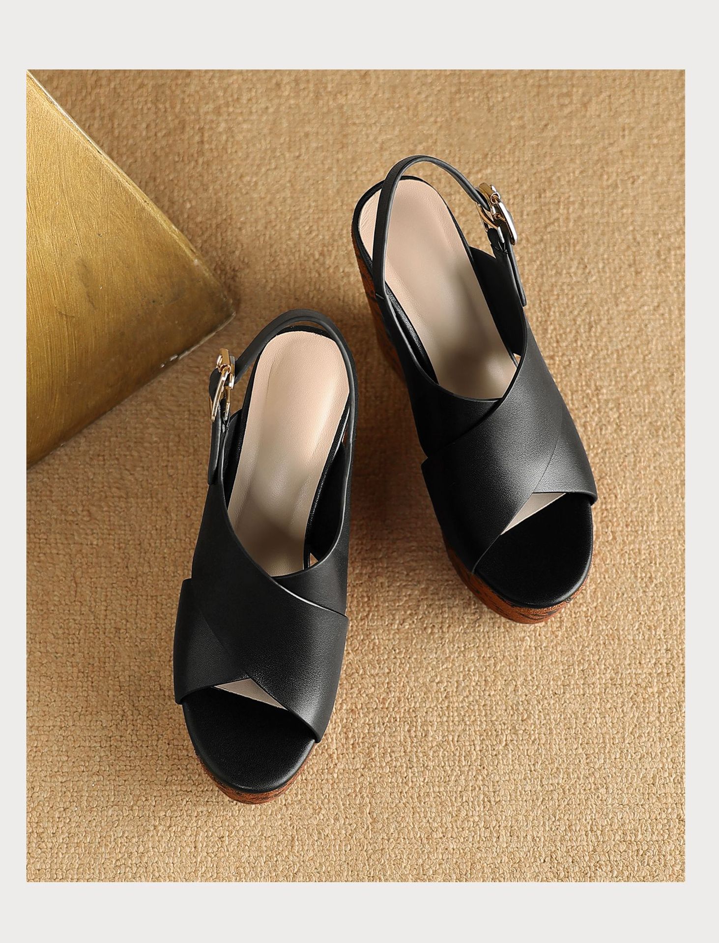 Sandal cao gót nữ mũi hở quai chéo đế xuồng platform gót 9 cm — màu đen, màu trắng ngà chi tiết 17
