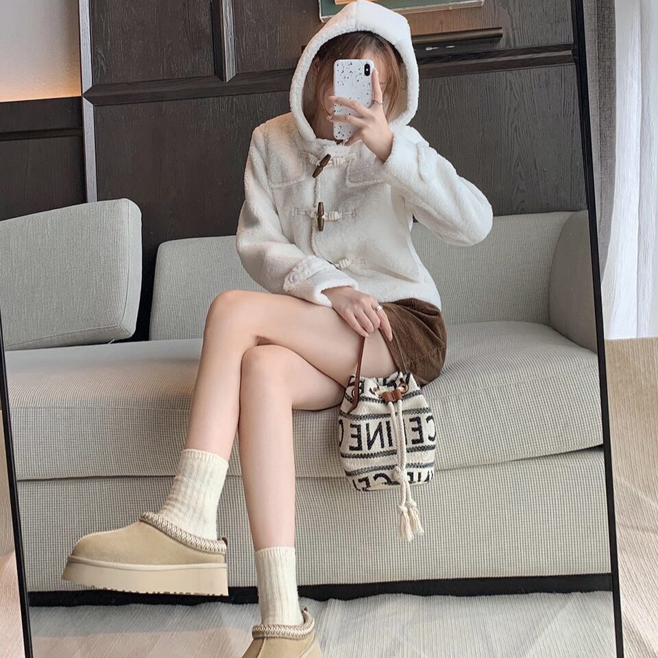 Dép lười nữ da bò thật đế dày lót lông nhân tạo giữ ấm, gót 4 cm — Màu cát, Màu hạt dẻ