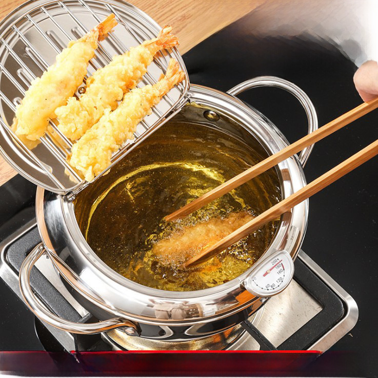 亚马逊油炸锅带盖可控温天妇罗油炸锅带滤油架20cm家用304油炸锅