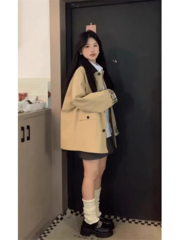 ミドル丈韓国風高級ウインドブレーカー女性用2025春秋新作小柄日本風英国風土黄色ジャケット|undefined