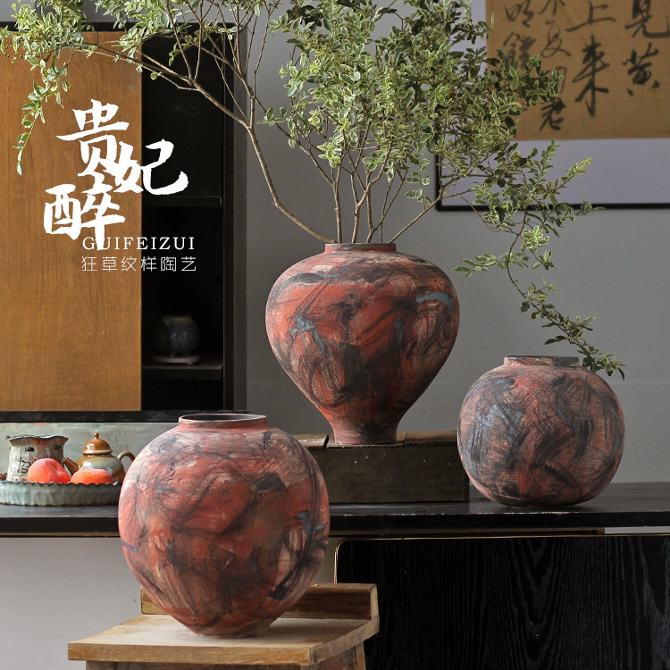 Jingdezhen Retro Nostalgic High-end Hand-made Big Belly Vase Advanced Sense Ceramic Art Space Design Flower Decorative Ornaments