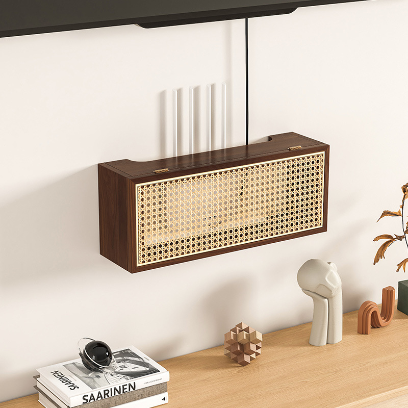 Estante de almacenamiento de madera maciza y ratán para enrutador wifi, soporte montado en la pared para decodificador de TV
