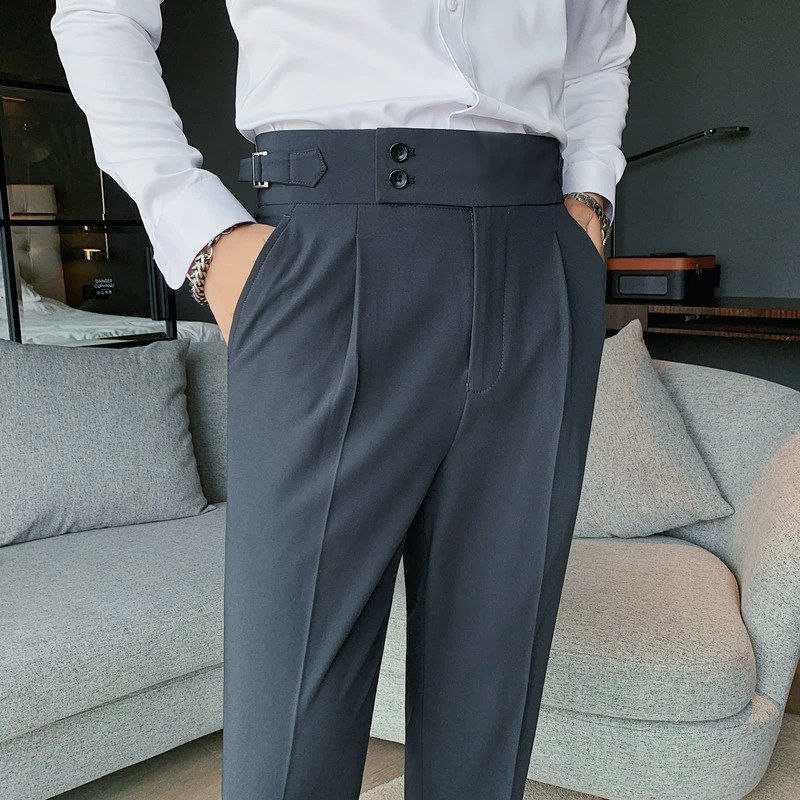 Men's trousers, loose straight fit with high waist and pleats, formal casual, sizes 28–36