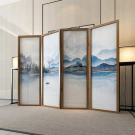 中式屏风隔断客厅时尚实木玄关简约现代移动装饰墙山水半透折叠屏