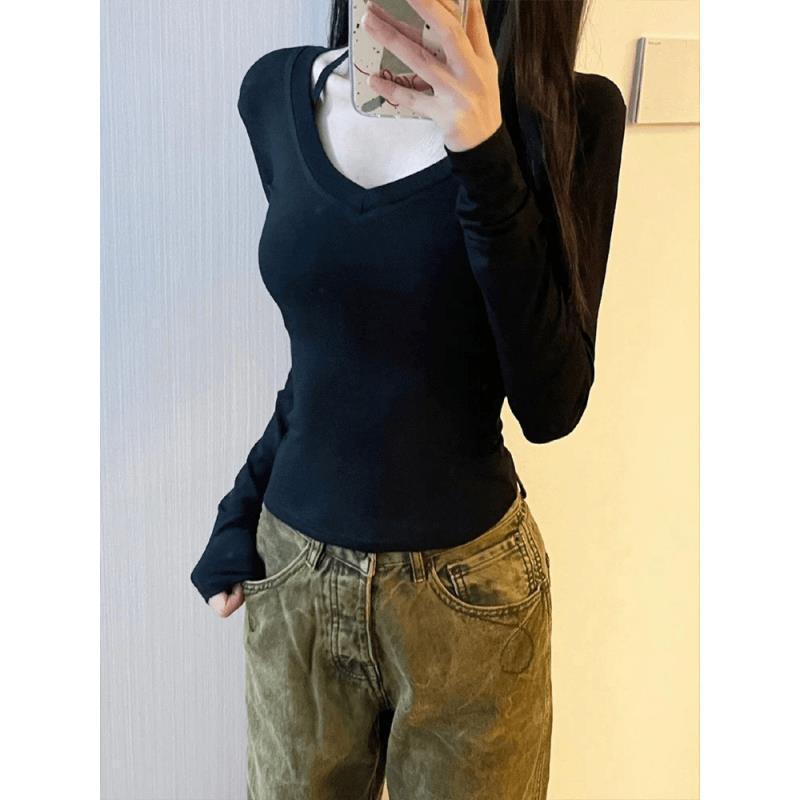 黑色正肩V领长袖T恤女春秋冬新款内搭打底衫紧身修身显瘦辣妹上衣|undefined