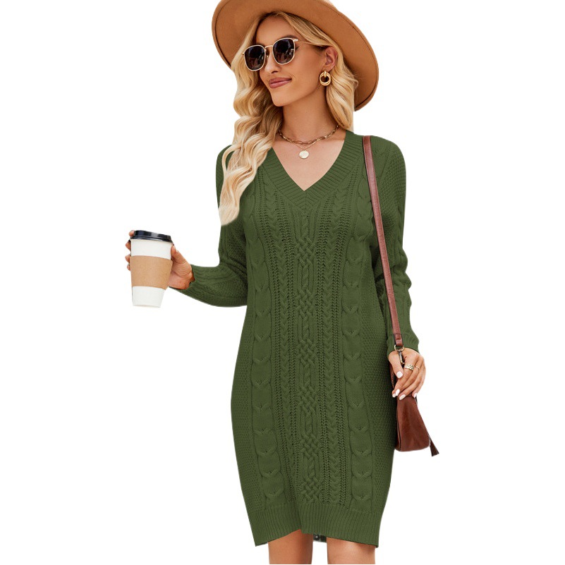 Ropa de mujer europea y americana transfronteriza de color sólido con cuello en V vestido de suéter largo Otoño e Invierno moda elegante vestido de punto de fondo retorcido