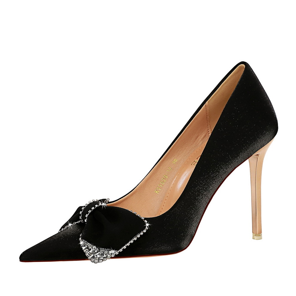 1829-H31 European and American Banquet High Heels Women's Shoes Metal Heels Super High Heels Pointed Silk Diamond Bow Single Shoes