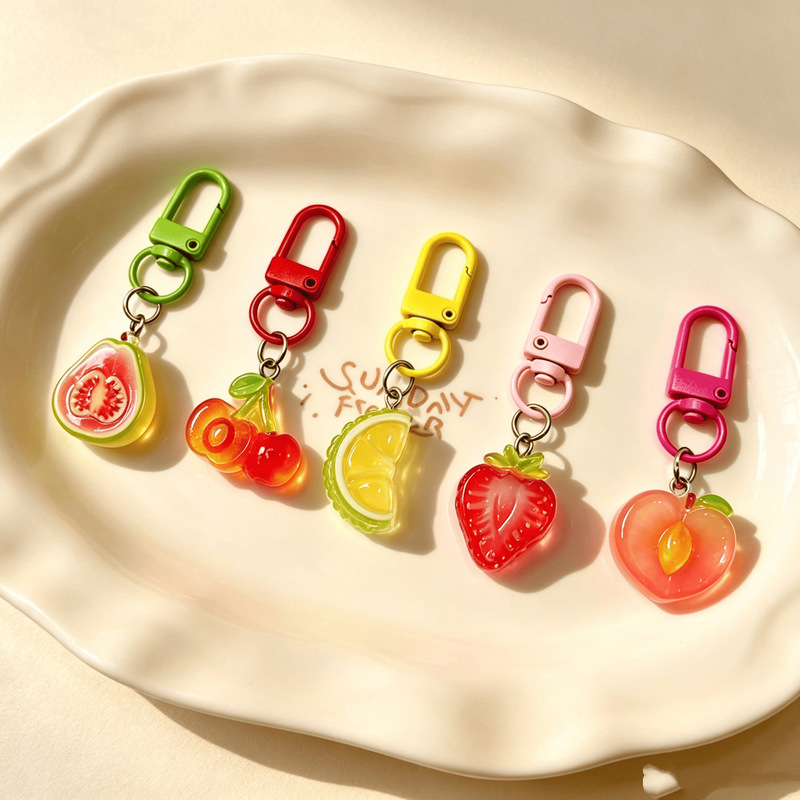 Transparent fruit keychain pendants: durian, guava, strawberry, cherry. Small toy bag charms, gift for a best friend Transparent fruit keychain pendants: durian, guava, strawberry, cherry. Small toy bag charms, gift for a best friend