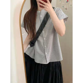 韩系复古条纹小飞袖防晒衬衫女2025夏季新款设计感宽松显瘦上衣潮