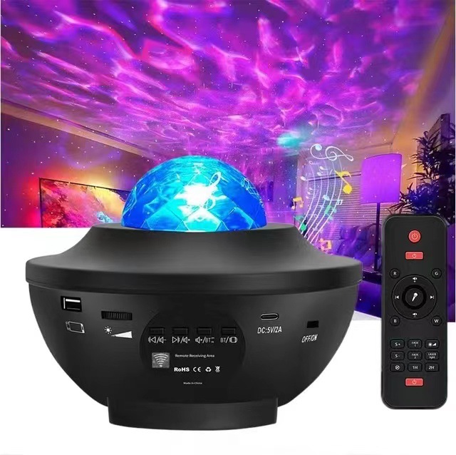 Lámpara proyector de cielo estrellado con música Bluetooth, proyector láser con control remoto USB, luz nocturna de ambiente para dormitorio, lámpara de estrella Bluetooth