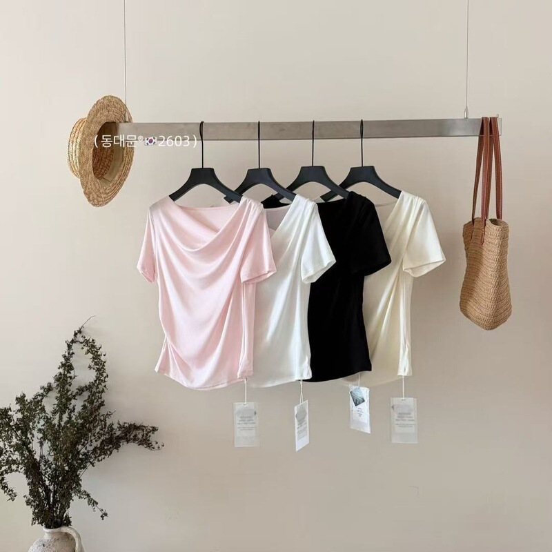 Dongdaemun 2603 Lyocell Top with Irregular Solid Color Wide Collar Short Sleeves, Slim-Fit, Stylish, Versatile T-Shirt for Women