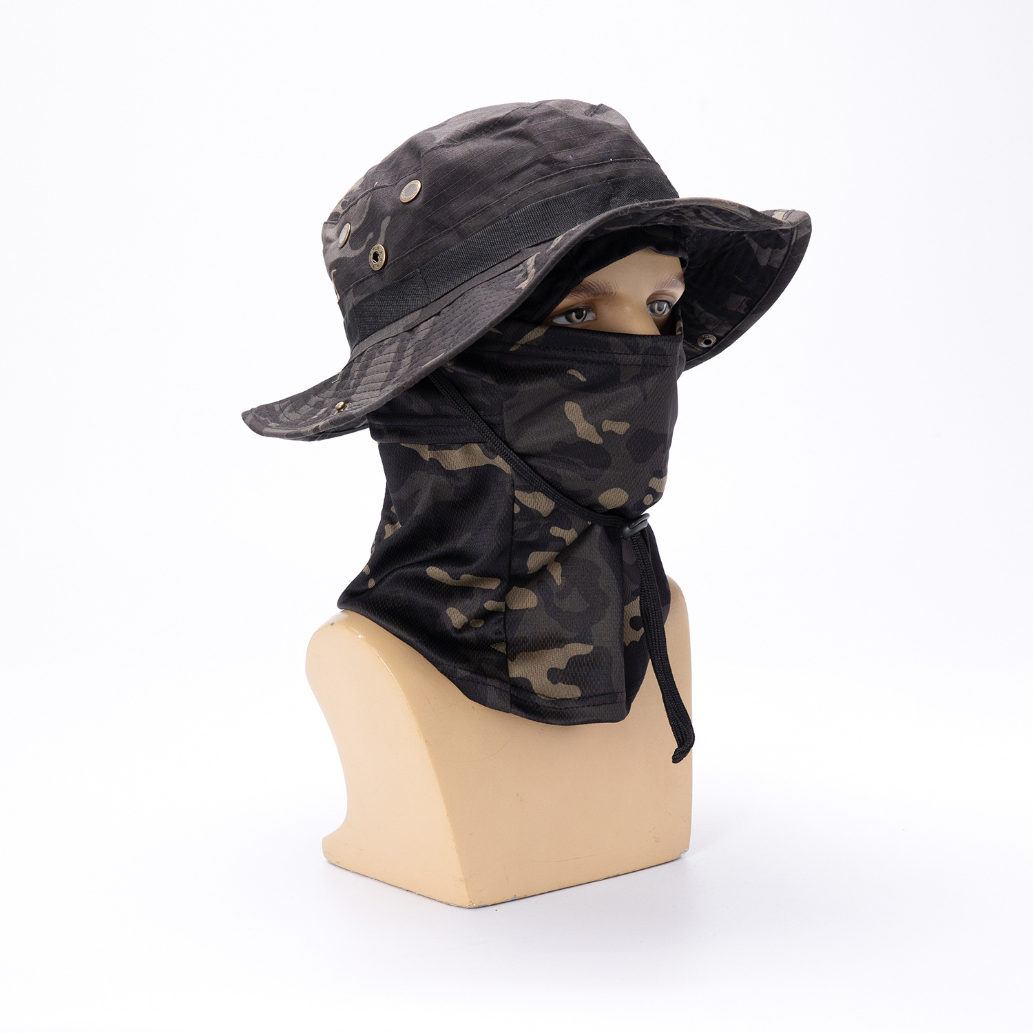 Sombrero de borde redondo de camuflaje transfronterizo Sombra de sol al aire libre Tácticas Funda de sombrero Benny Tapa de ley Balafak Máscara de pesca