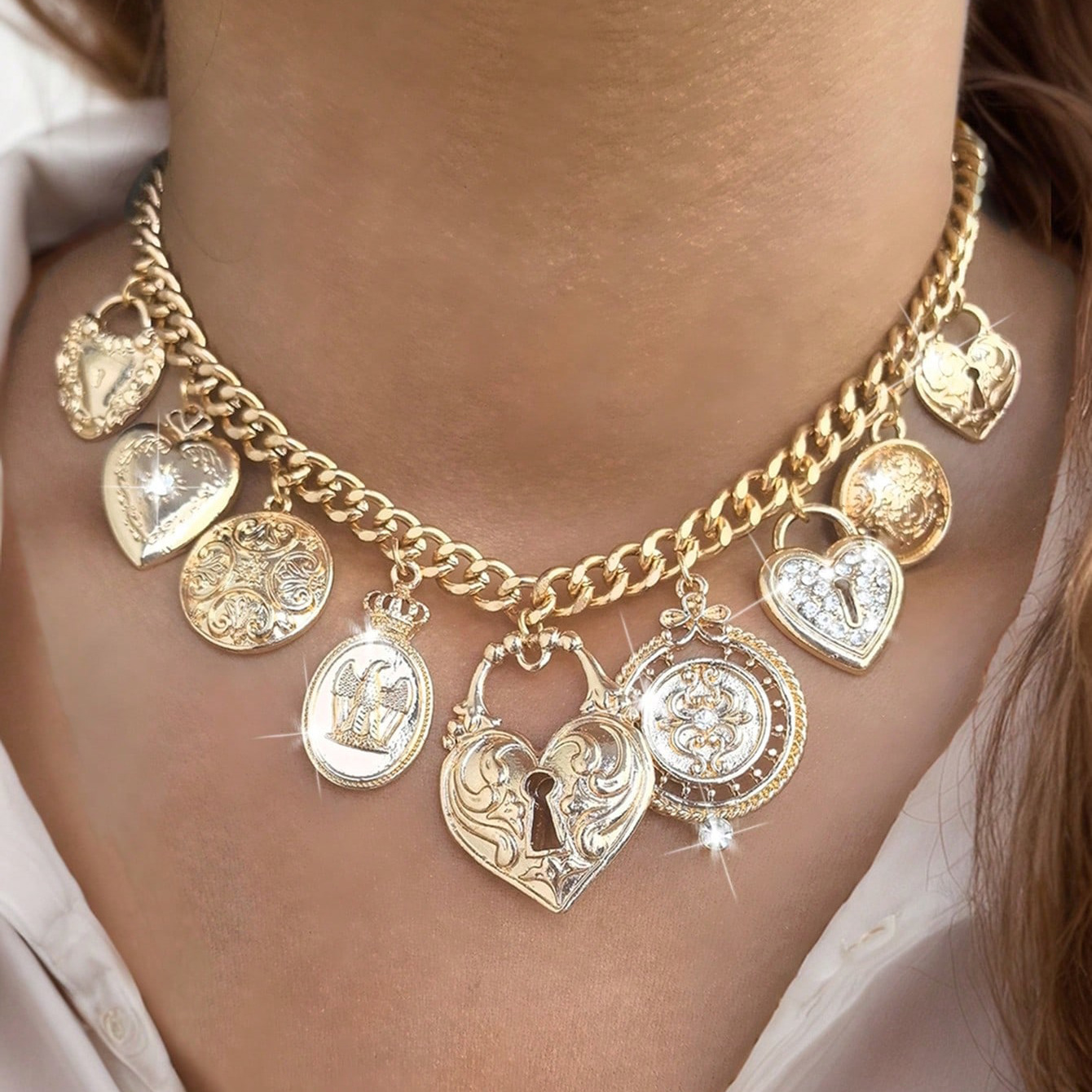 All Seasons Season Women's Gender IG Style Vintage Style Heart Shape Rose Bow Knot Rhinestones CCB Alloy Cuban Link Chain Curb Chain Layered Necklaces Wholesale