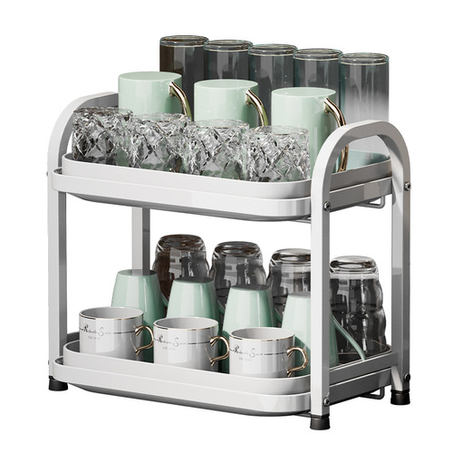Multifunctional living room drain cup holder, desktop dustproof storage rack, double-layer cup drying shelf, water receiving tray, tea cup holder
