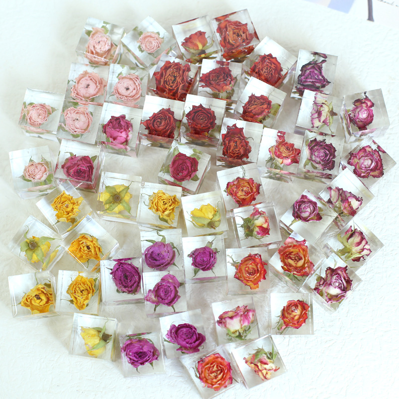 真花干花树脂滴胶方块玫瑰摆件 立体植物标本相框DIY材料装饰品