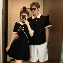 潮流情侣装2023夏季短袖翻领T恤家女收腰学院风连衣裙一衣一裙